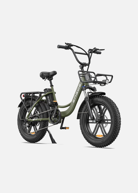 an avocado green engwe l20 step thru electric bike