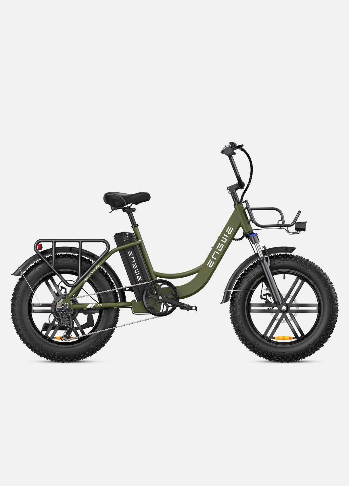 an avocado green engwe l20 front suspension e cycle