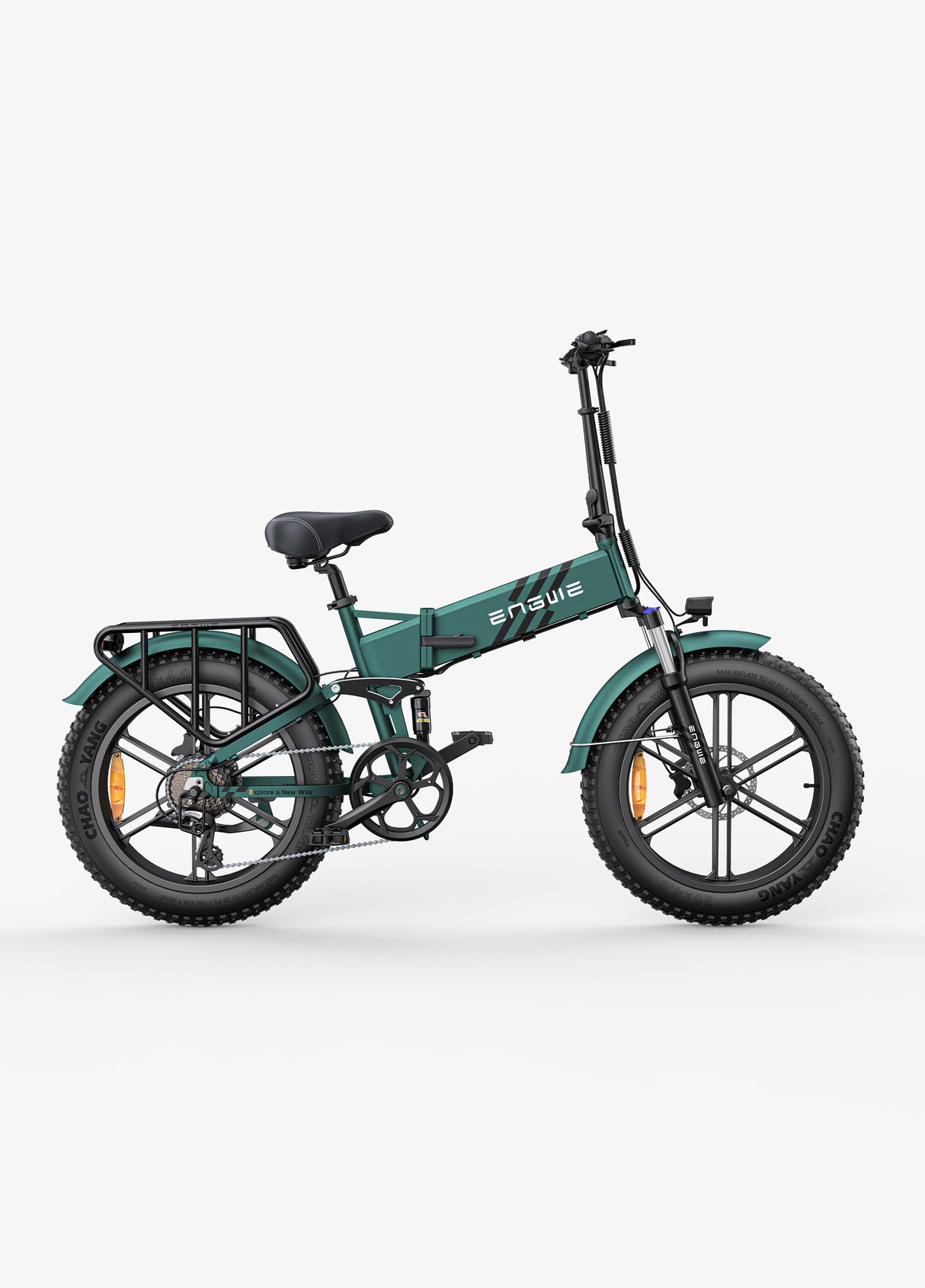 a mountain green engwe engine pro 2.0 e-bike with off road wheels