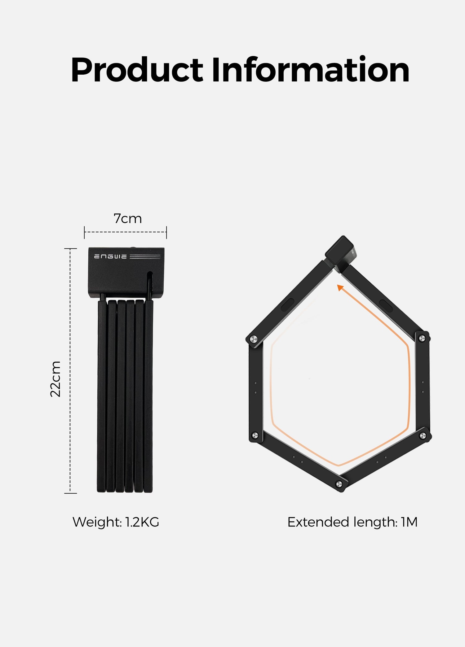 Az összecsukható ENGWE kerékpárzár 22 cm hosszú, 7 cm széles és 1 m-re bővíthető.