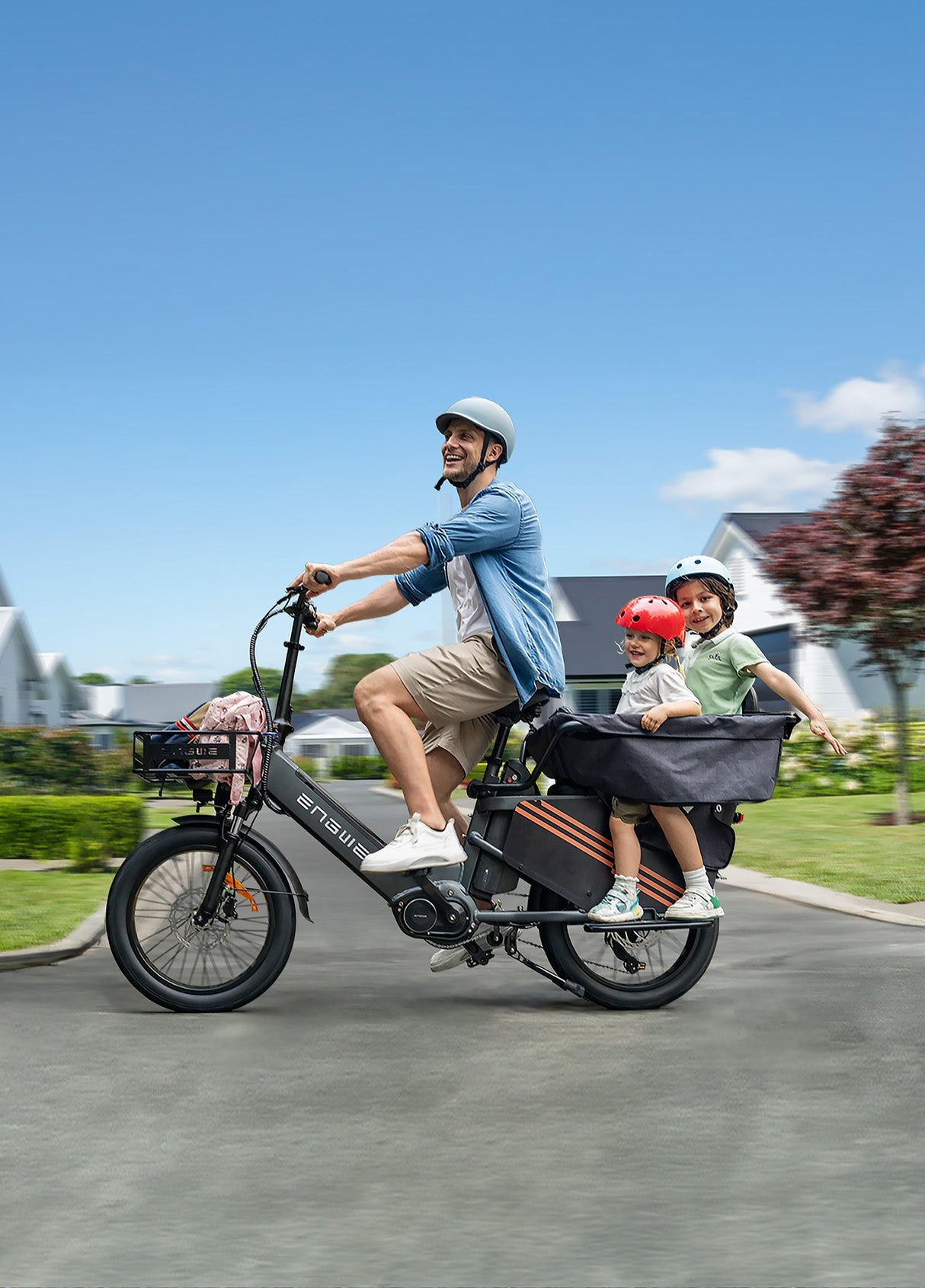 A man on an e cargo bicycle
engwe le20 carrying two small children.